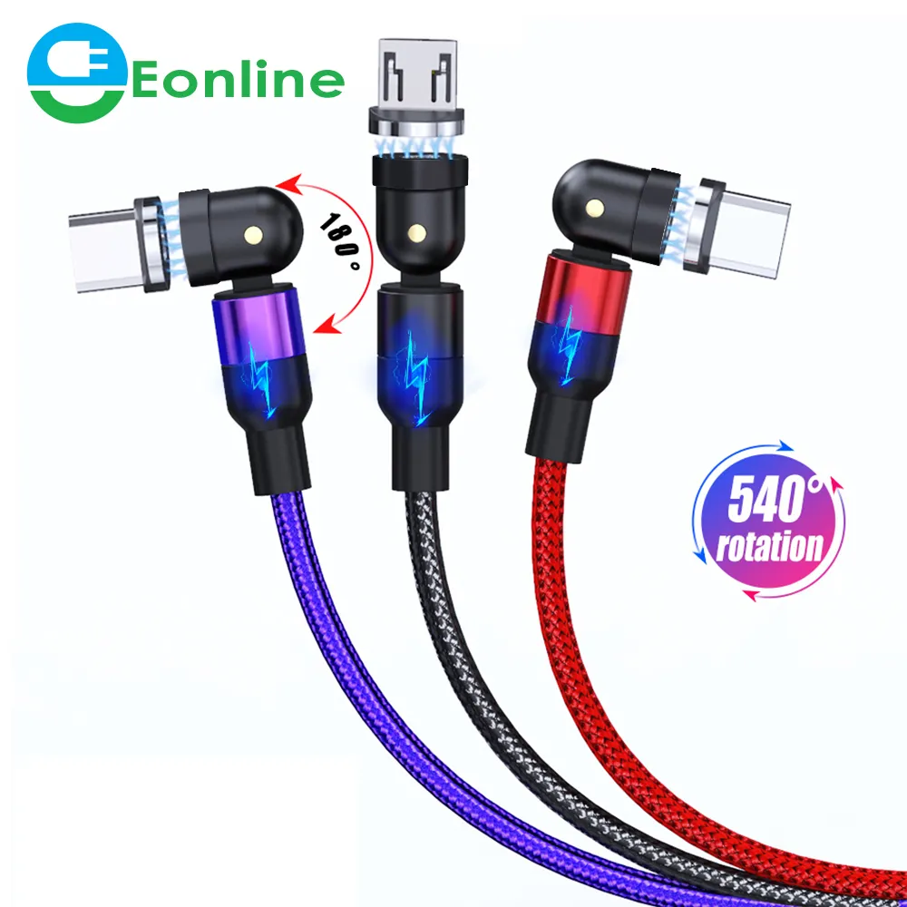 Магнитный кабель EONLINE с поворотом на 540 градусов, 1 м, 2 м, Micro USB Тип C, быстрая зарядка телефона, магнитное зарядное устройство для Samsung, Xiaomi, Huawei