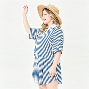 custom plus size loungewear V-Neck Short Sleeve Top & Drawstring Skirt Women Stripe Loungewear <b>Set</b> - Product Image 2