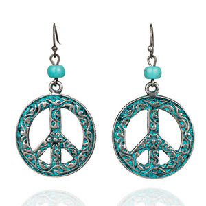 Boucles d'oreilles pendantes en alliage avec signe de paix vintage pour femmes, plaqué bronze antique avec patine turquoise, style bohème, bijoux tendance - Product Image 2