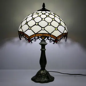 LongHuiJing 12Inch Handmade Tiffany Style Table Lamps Antique Beads Stained Glass Lampshade Desk Lights For Home Decorations