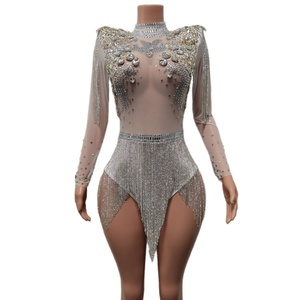 Mono corto transparente con borlas para mujer, mono Sexy con borlas para actuaciones en escenario, leotardo para fiesta y Club nocturno, monos con diamantes de imitación - Product Image 6