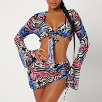 Conception personnalisée tissu en maille imprimé motif trois pièces sarongs robe de plage bikini couvrir avec accessoire
