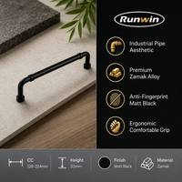 Poignées de meuble de cuisine en alliage de zinc noir mat style tuyau industriel 128-224 mm pour tiroirs et placards de chambre