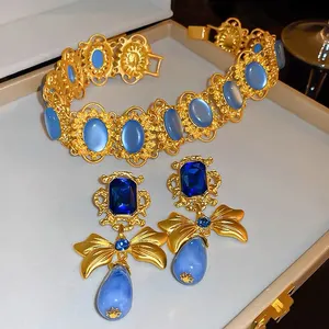 Luxury jewelry new fashion high quality gold plated vintage blue crystal earrings bohemian women