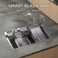 Wastafel Dapur Modern KAWAL dari Baja Anti Karat, Mewah dengan Desain Air Terjun Nano Hitam Persegi Panjang untuk Meja Dapur
