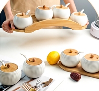 Set Peralatan Dapur Mewah Mini, Wadah Bumbu Herbal Porselen Keramik, Set Sendok Sajian, Stoples Rempah Dengan Tutup dan Nampan Bambu
