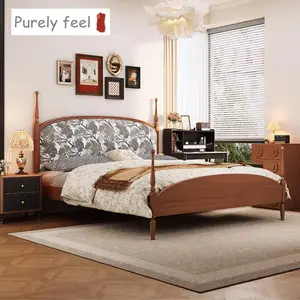 प्योरलीफील फ्रेंच रेट्रो शुद्ध ठोस लकड़ी 1.8 मीटर डबल बेड मास्टर बेडरूम वेडिंग बेड नया हाई-एंड मुद्रित कपड़ा अमेरिकी नरम बिस्तर
