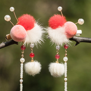 Liquidación de accesorios para el cabello Hanfu para niños, pinzas para el cabello con borlas y pompones, pinzas para el cabello de estilo antiguo etéreo, esponjosas - Product Image 2