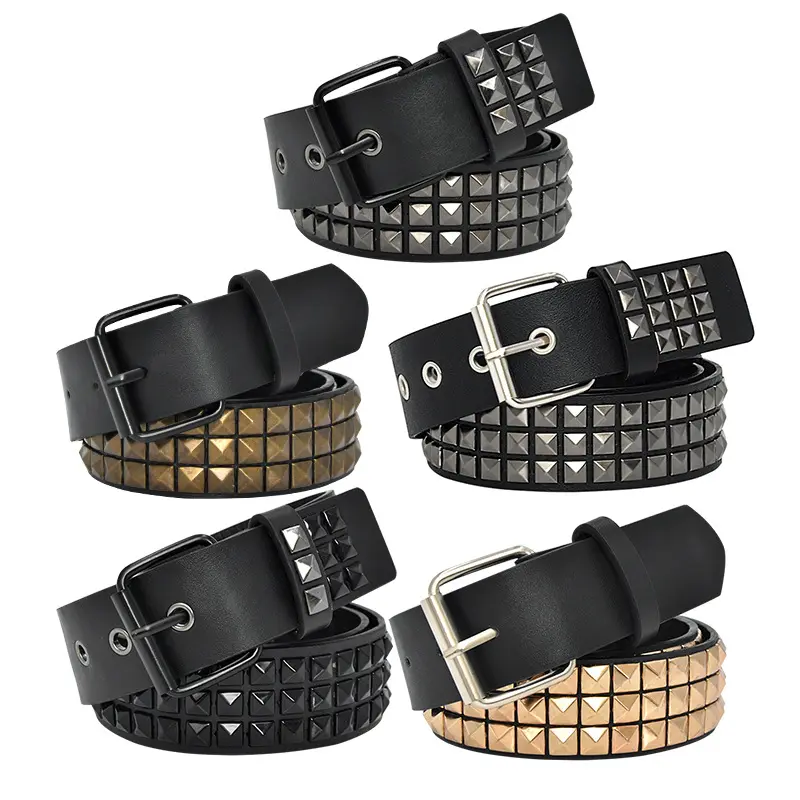 Cinturón con tachuelas para hombre y mujer, accesorio negro personalizado con remache Punk Rock, cinturón de hilos de ojal con pirámide de Metal brillante