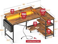 AJUNION Bureau de jeu Bande LED Bureau d'ordinateur Cadre métallique MDF Table de jeu Design d'angle Bureau Construction robuste