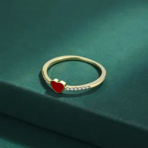 Elegant Jewelry 925 Sterling Silver Cute Red Enamel Heart Shape Rings 18k Gold Jewelry For Women