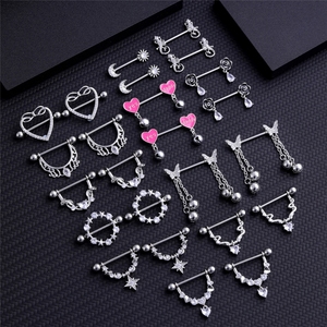 Set de 5 Anillos de Pezón de Acero 316L con Diseño Elegante, Adornos de <span class=keywords><strong>Pecho</strong></span> Estilo Indio con Mariposa, Corazón y Campana, Joyería de <span class=keywords><strong>Piercing</strong></span> con Zirconia - Product Image 3