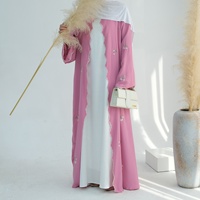Nouveau design Abaya ouverte élégante et modeste pour femmes musulmanes avec bordure brodée de fleurs en dentelle Abaya en nylon pour femmes