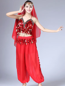 Costume de danse du ventre pour femmes adultes, 3 pièces, <span class=keywords><strong>tenue</strong></span> de spectacle en mousseline de soie avec franges, paillettes, <span class=keywords><strong>pantalon</strong></span> large - Product Image 1