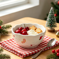 Bol en céramique ondulé de 5 pouces, motif dessin animé de Noël, peint à la main, cœur rouge, poivron, 370 ml, compatible lave-vaisselle, 0,35 kg, pour desserts