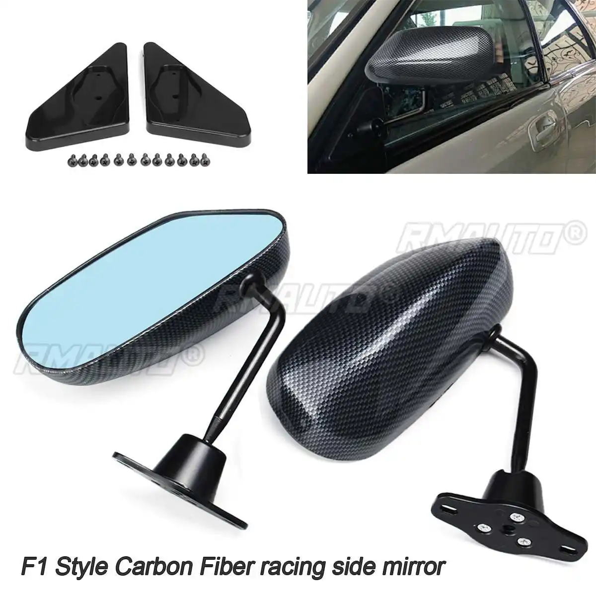 1 Paar Universal-Auto-Kohlenstofffaser-Autos blauer Rückspiegel F1 Carbon-Aussehen Rennsport Seitenspiegel Glas und Breitwinkel-Metallhalterung