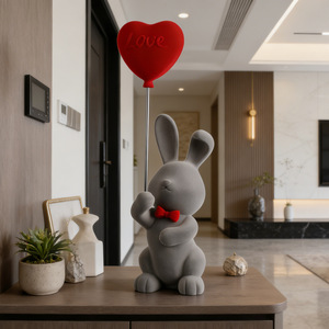 Nordic Style Flocked Rabbit Resin Ornament Gray Red Heart <b>Balloon</b> Home <b>Decoration</b> Living Room TV Cabinet Craft Artistic <b>Decor</b> - Product Image 4