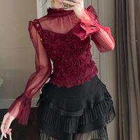 ZYHT 91466 OEM ODM personnalisé vêtements pour femmes fabricant de vêtements 3D fleur printemps maille à manches longues Blouse et haut Femme dames