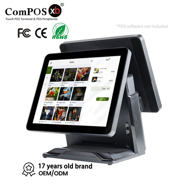 Full Flat Double 15" Screen Windows10 POS Point Sale Display System Waterproof Intel I3 18-Month Warranty Cash Register POS