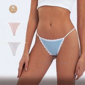 Slip G-string da donna in cotone a costine 95% a vita bassa con finiture in pizzo, morbido ed elasticizzato, per uso quotidiano - Product Image 2