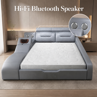 Lit Moderne de Luxe en Cuir Rembourré avec Haut-parleur Bluetooth, Massage Cervical, Cadre en Bois Durable et Design Compact