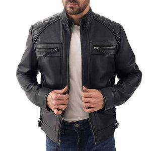 Veste de moto en cuir véritable pour homme de qualité supérieure, coupe slim, logo sur le devant, noir uni, style motard, coupe classique, à porter en automne - Product Image 2