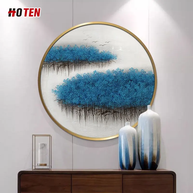 Hand-painted oil painting round decorative painting landscape modern minimalist living room hanging painting wood mural