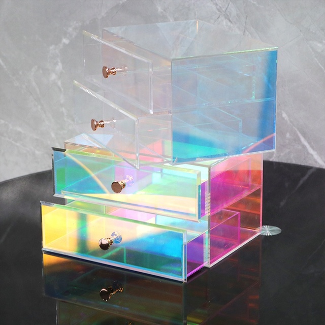 Custom Modern Rainbow Acrylic Makeup Organizer Stackable Containers with 2 Drawers Iridescent Cosmetic Colorful Storage Box