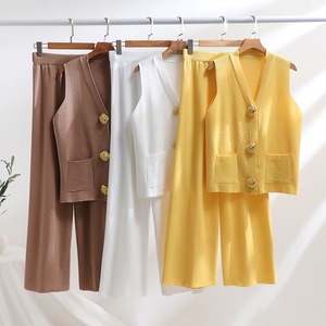 Conjunto de moda de verano informal para mujer, chaleco de botón de punto transpirable y pantalones de pierna ancha con patrón sólido, combinación perfecta - Product Image 2