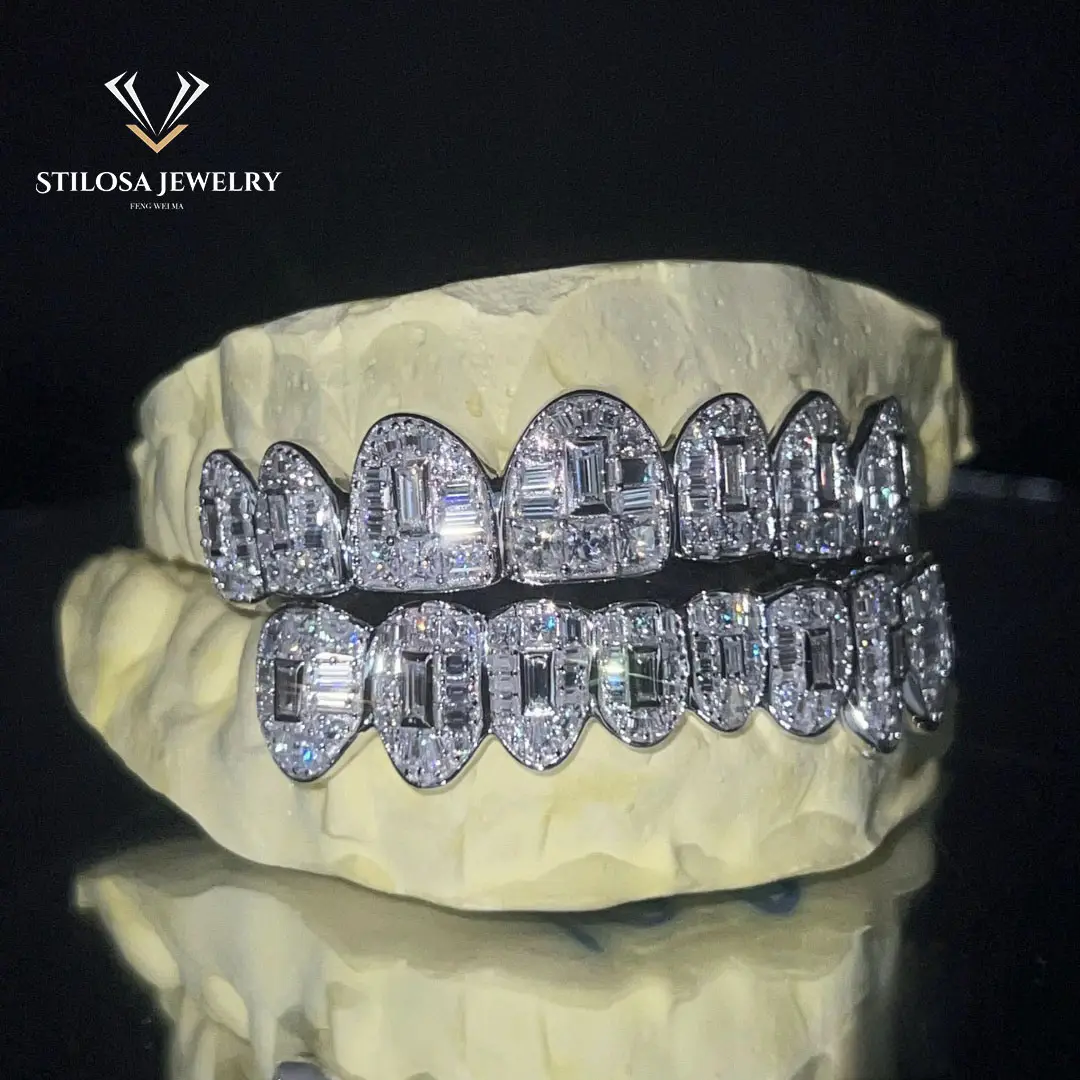 Đồ trang sức thời trang tùy chỉnh grillz vvs moissanite răng grillz với vòng rực rỡ cắt hip hop kim cương grillz