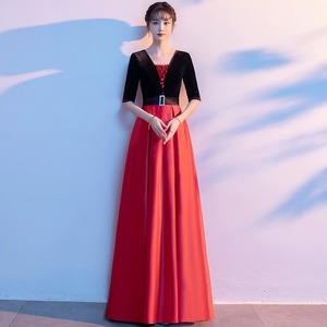 Modern Choir Performance Dress Women's Long Red V-neck Velvet Sheath Slim Fit Career Dress - Product Image 1
