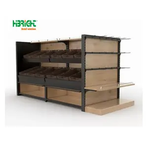 Customized Size Multi-Deck Luxury Wooden Metallic Supermarket Shelf With Basket