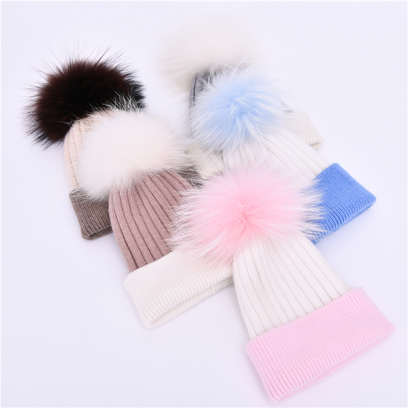 Wholesale Winter Hats Detachable Real Fur Pompom Beanie Custom Logo Soft Thick Warm Cuffed Autumn Wool Knitted Hats for Kids