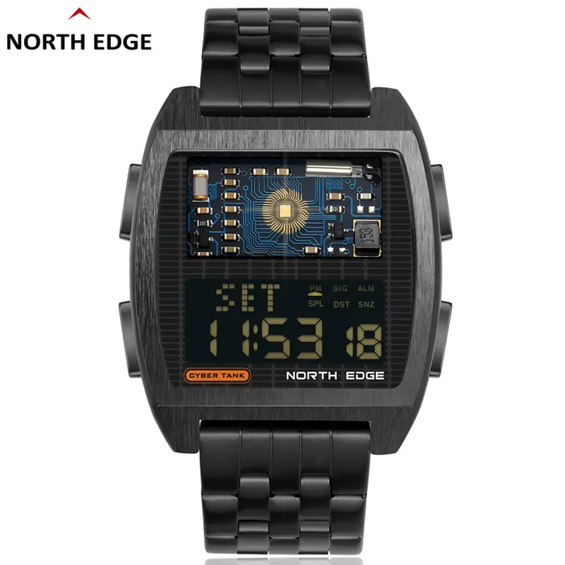 North edge relógio digital inteligente masculino, estilo de metal industrial, à prova d' água 50m, esportivo, para homens, led