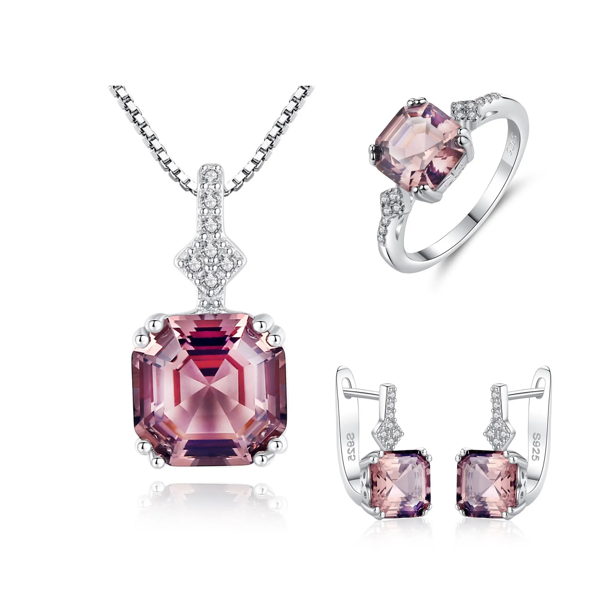 Hot sale Fashion Women Fine Jewelry Set 925 Sterling Silver Jewelry Cubic Zirconia Morganite Stone Ring Necklace Earring