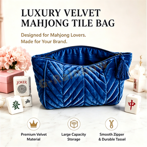 Bolsa de Viaje de Terciopelo de Lujo para Mahjong, con Logotipo Personalizado, Color Azul Océano, Cierre de Cremallera, Borlas con Diseño Chevron, Estuche de Lujo para Fichas de Mahjong - Product Image 2