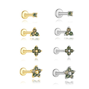 CANNER Nouveau Piercing à Tête Plate en Argent Sterling S925 Doré avec Agate Mousse Naturelle Motif Fleur - Product Image 1