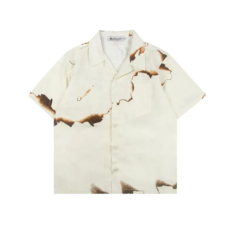 Vintage old-fashioned burning design short-sleeved shirt men's hip-hop loose casual shirt