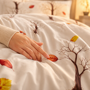 Juego de Ropa de Cama de Algodón con Silueta de Árbol Otoñal, Color Crema con Hojas Doradas, para B&B, Envío Directo desde la UE, 3 Piezas - Product Image 3