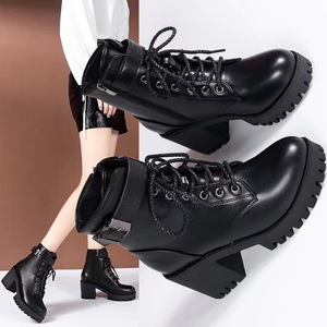 Stivaletti da Donna Autunno Inverno Stile Europeo-Americano <span class=keywords><strong>con</strong></span> <span class=keywords><strong>Tacco</strong></span> Alto, Taglia Grande, Neri <span class=keywords><strong>con</strong></span> <span class=keywords><strong>Tacco</strong></span> Grosso e Chiusura <span class=keywords><strong>con</strong></span> Lacci - Product Image 1