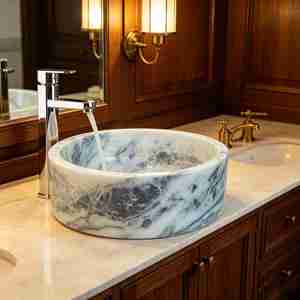 Lavabo Ovalado de Mármol Viola de Lujo con Vetas Únicas para Mueble de Baño Moderno - Product Image 4