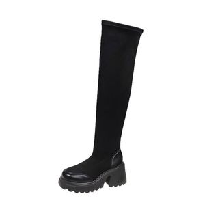 New Chelsea Knee-Length Women's <b>Boots</b> with Thick Heel and Suede Decoration Stylish & Comfortable for Winter/Summer Daily Wear - Product Image 6