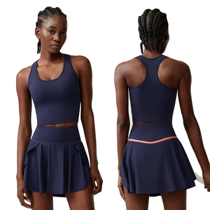 Conjunto Deportivo de Secado Rápido de Cintura Alta para Mujer, Top Corto con Cuello en U y Falda/Pantalones Cortos/Vestido de Tenis de Poliéster Elástico, Personalizable - Product Image 5