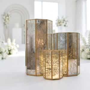 Candelabros hexagonales de cristal mercurizado con marco de latón para decoración de bodas - Product Image 2