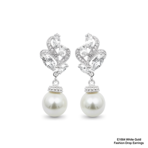 E1004 Orecchini pendenti alla moda in oro bianco con perle e pietre taglio marquise per gioielli da sposa da donna - Product Image 1