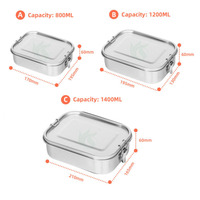Boîte à goûter en acier inoxydable de 49 OZ, forme rectangulaire, boîte à lunch bento avec clips de verrouillage pour le stockage des aliments
