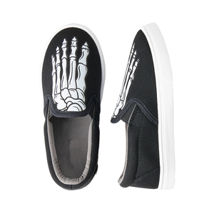 Lightweight Kids Slip On Sneakers Black Canvas Skeleton Pattern <b>White</b> Rubber Outsole Non Slip Daily Walking Footwear - Product Image 1