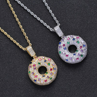 Creative Hip Hop Bling Cubique Zircon Plaqué Or Coloré Diamant Donut Pendentif Collier Unisexe Femmes Enfants Bijoux