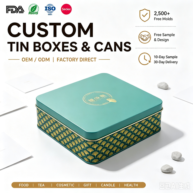 Custom Square Printed Tin Container Metal Food Grade Storage Box for Packaging Gift Candy Cookie Chocolate Use