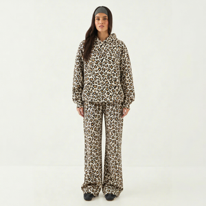 Women's White Yellow Acid Wash Winter <b>Leopard</b> <b>Print</b> 2-Piece Tracksuit Set Oversized Hoodie Wide Leg Pant Casual Streetwear - Product Image 1